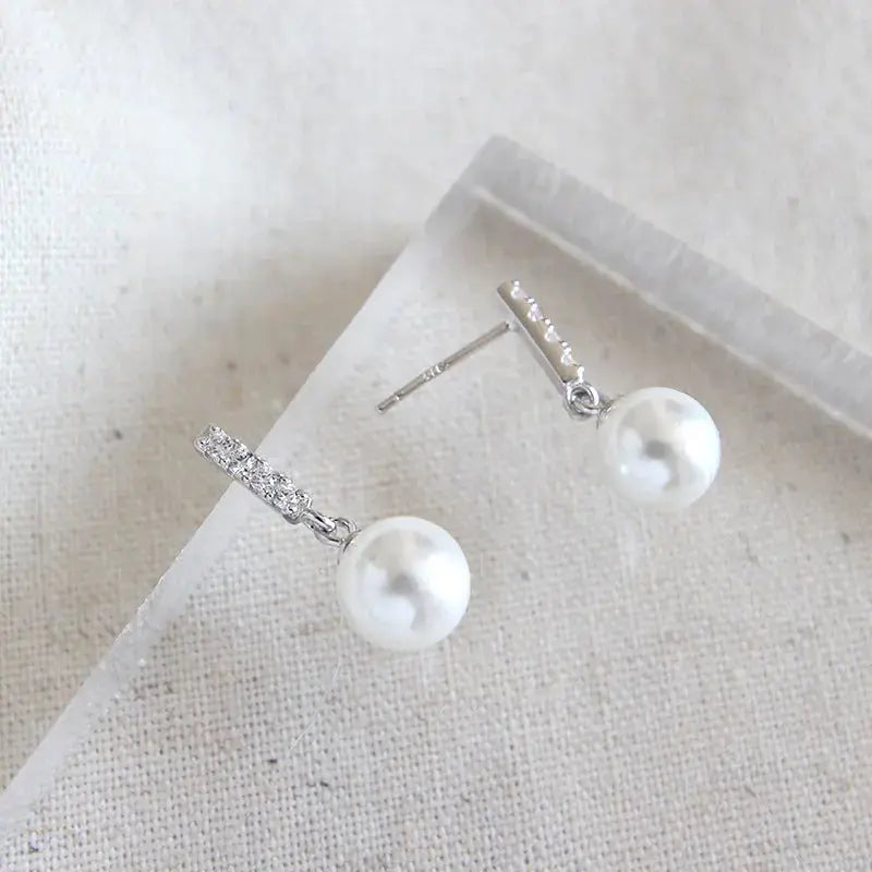 Lovcia Elegant Round Shell Pearl CZ 925 Sterling Silver Stud Earrings-Earrings-Rhodium-Rhodium