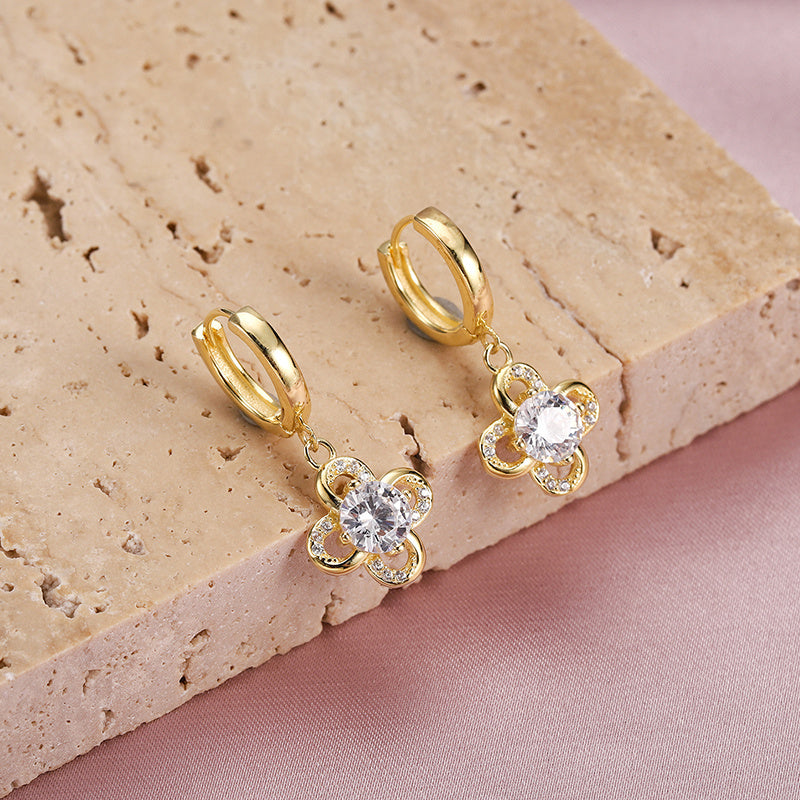 Lovcia Elegant S925 Silver Rhinestone Four Petal Flower Hoop Earrings for Women-Earrings-Gold-Gold