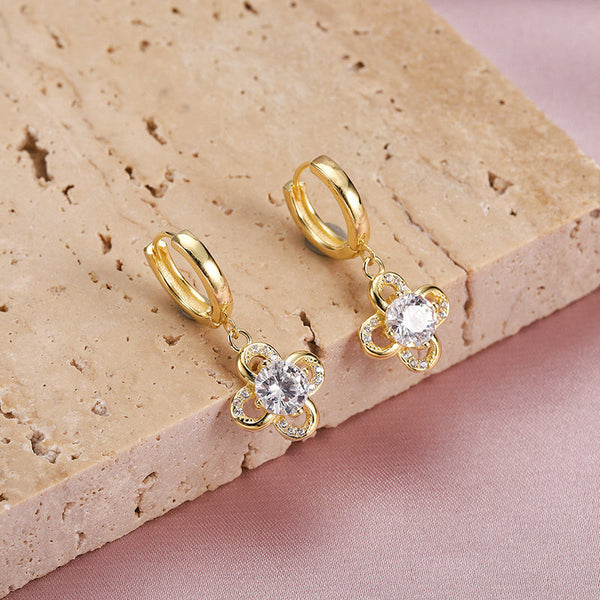 Lovcia Elegant S925 Silver Rhinestone Four Petal Flower Hoop Earrings for Women-Earrings-Gold-Gold
