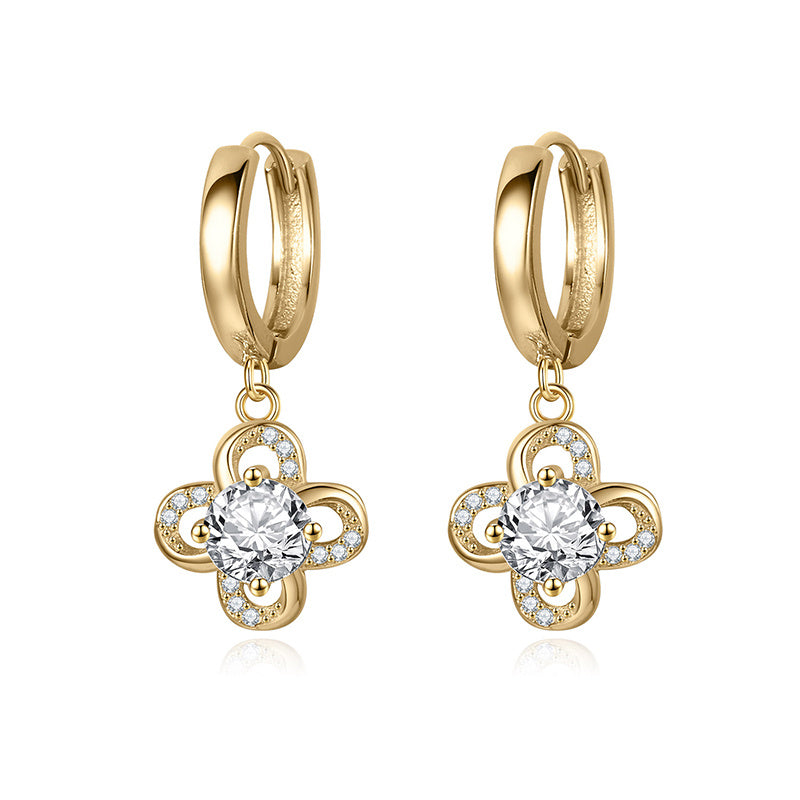Lovcia Elegant S925 Silver Rhinestone Four Petal Flower Hoop Earrings for Women-Earrings-Gold-Gold