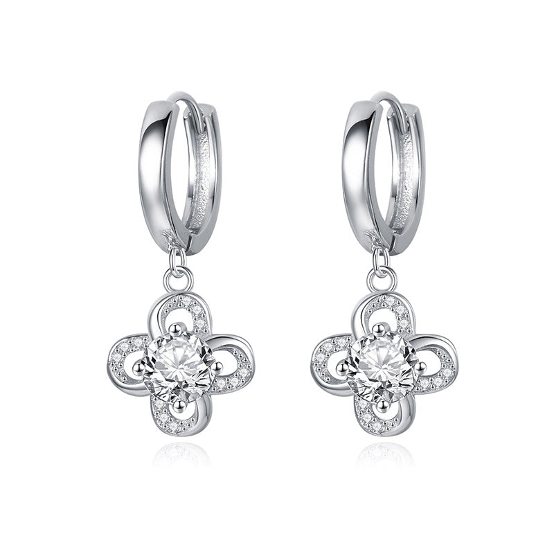 Lovcia Elegant S925 Silver Rhinestone Four Petal Flower Hoop Earrings for Women-Earrings-Silver-Silver