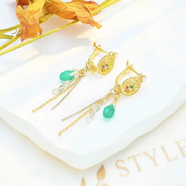 Lovcia Elegant S925 Sterling Silver Wave Design Green Chalcedony Jewellery Set-Earrings-Earrings-Earrings