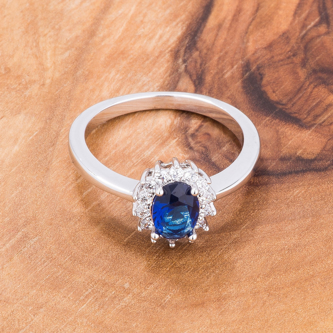 Lovcia Elegant Sapphire Blue CZ Oval Prong Ring in Silvertone-Rings-5-5