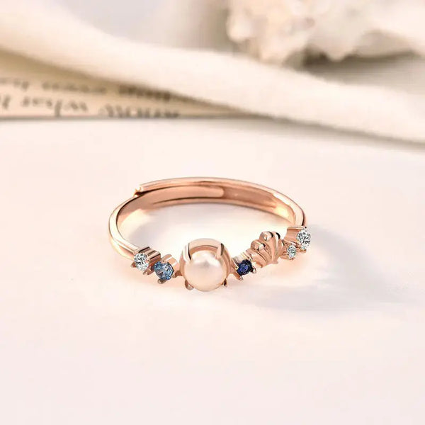 LOVCIA Elegant Shell Pearl Mermaid Tail CZ 925 Sterling Silver Adjustable Ring