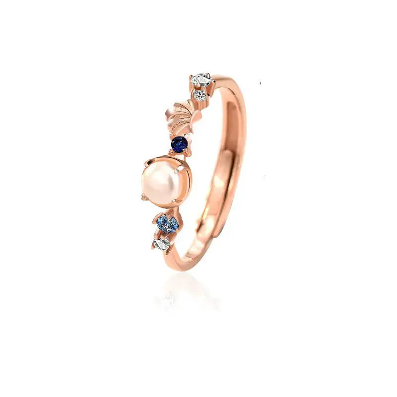 Lovcia Elegant Shell Pearl Mermaid Tail CZ 925 Sterling Silver Adjustable Ring-Rings-Rose Gold-Rose Gold