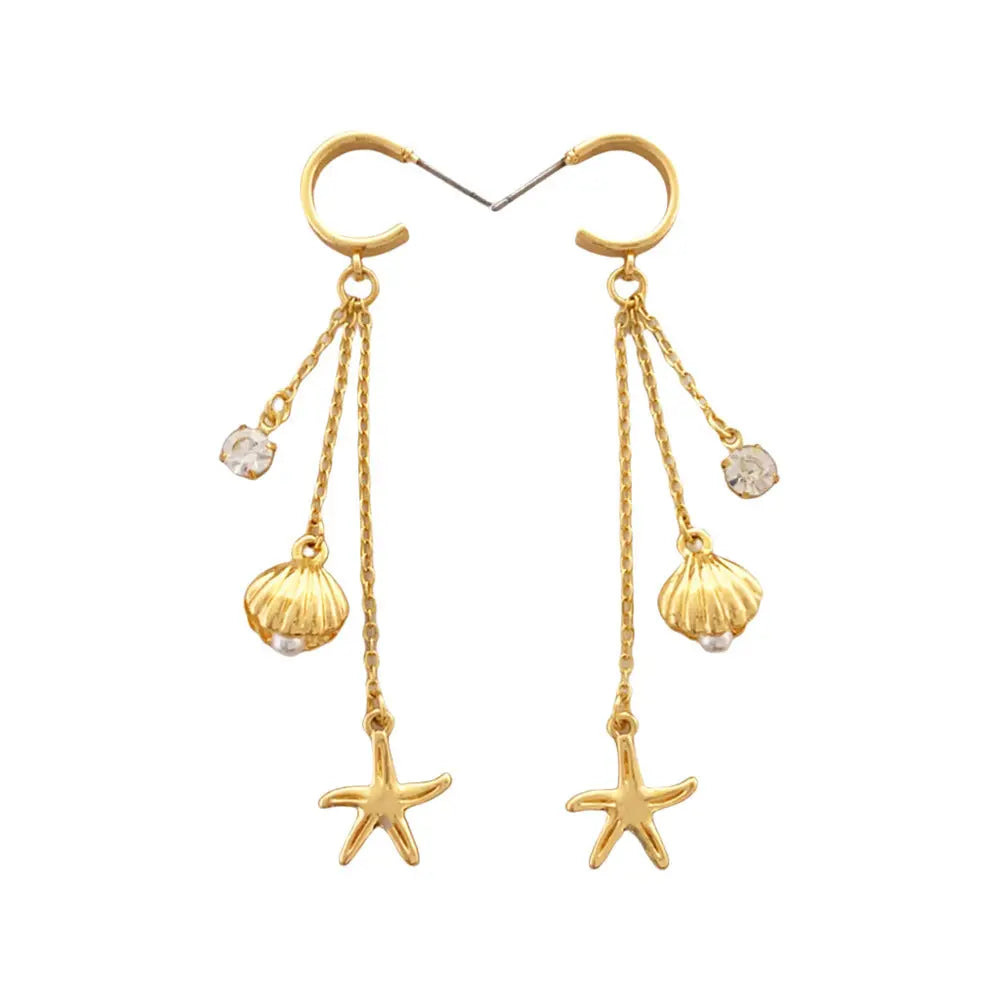 Lovcia Elegant Starfish Shell Long Tassel Earrings with Micro Inlaid Pearls-Earrings-Gold-Gold