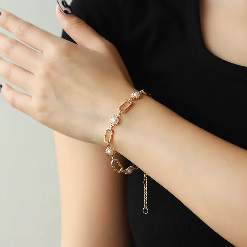 Lovcia Elegant Sunburst Design Gold Plated Alloy Pearl Necklace and Bracelet Set for Women-Necklaces-Radiant Pearl Link Bracelet-Radiant Pearl Link Bracelet