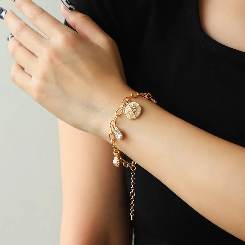 Lovcia Elegant Sunburst Design Gold Plated Alloy Pearl Necklace and Bracelet Set for Women-Necklaces-Stellar Charm Bracelet-Stellar Charm Bracelet