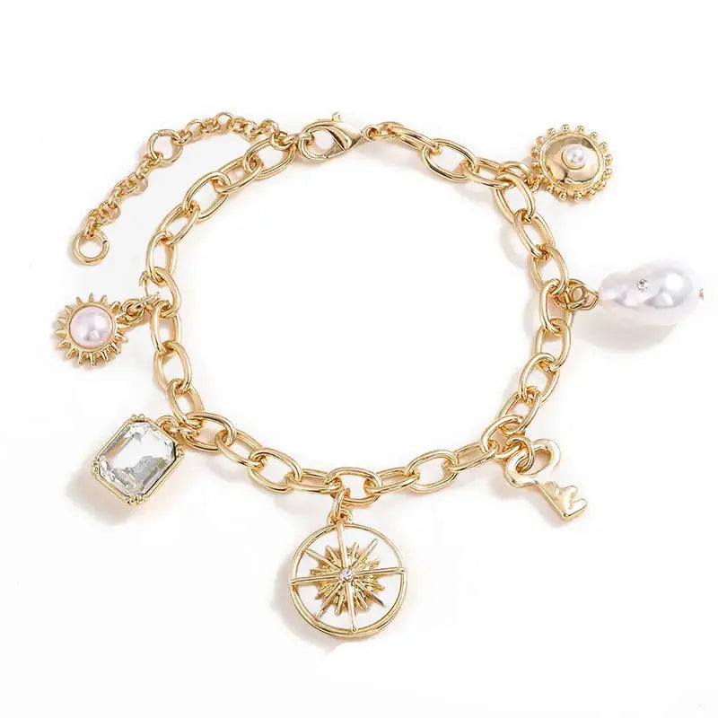 Lovcia Elegant Sunburst Design Gold Plated Alloy Pearl Necklace and Bracelet Set for Women-Necklaces-Sunburst Pearl Necklace-Sunburst Pearl Necklace