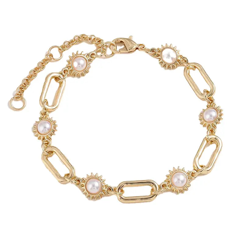 Lovcia Elegant Sunburst Design Gold Plated Alloy Pearl Necklace and Bracelet Set for Women-Necklaces-Sunburst Pearl Necklace-Sunburst Pearl Necklace