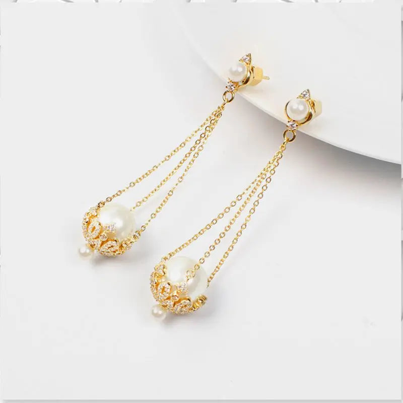 Lovcia Elegant Tassel Pearl & Zircon Drop Earrings for Women-Earrings-Gold-Gold