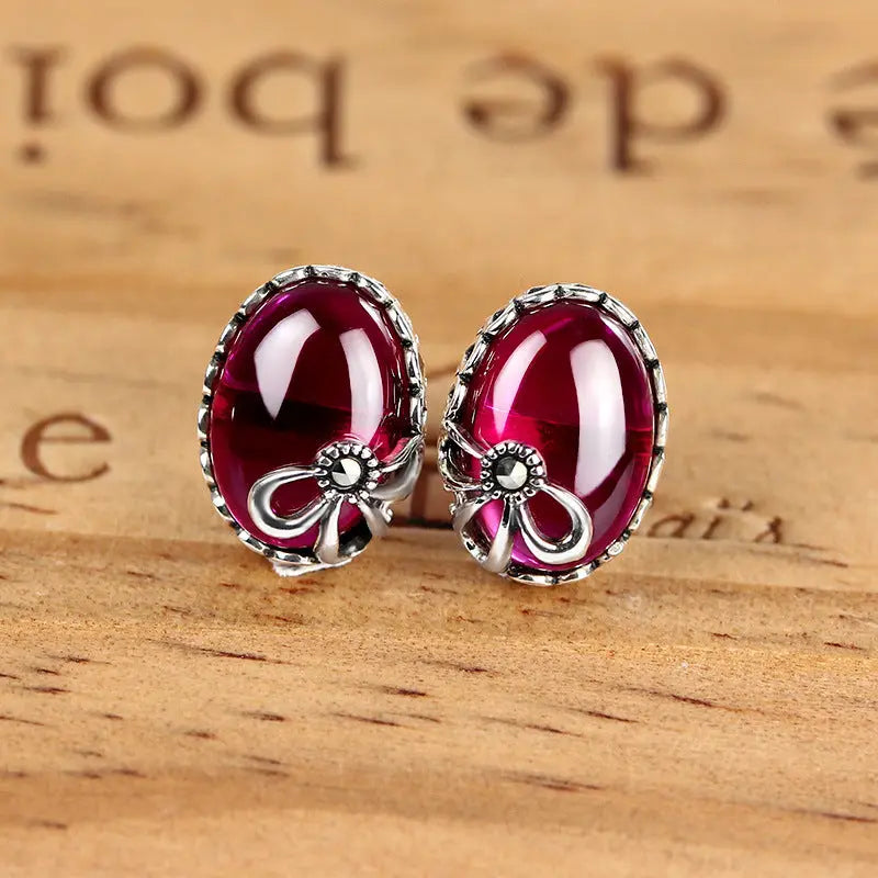 Lovcia Elegant Thai Silver Anchor Earrings for Women with Inlaid Jade-Earrings-Red-Red