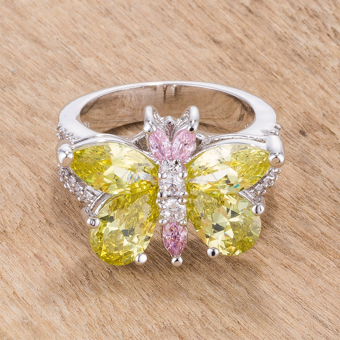 Lovcia Elegant Tri-Color Cubic Zirconia Butterfly Ring in Rhodium Finish-Rings-5-5