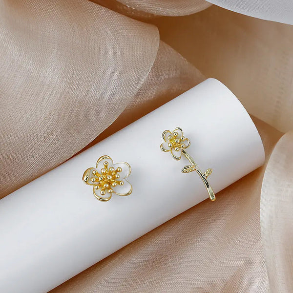 Lovcia Elegant Two-Piece Flower Asymmetric Stud Earrings for Women with Silver Needle-Earrings-Gold-Gold