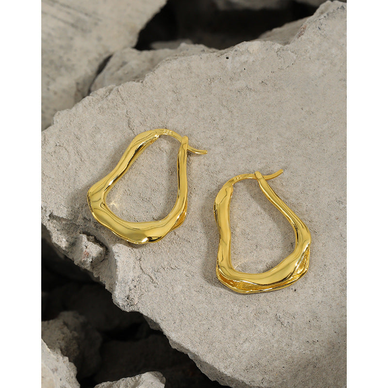 Lovcia Elegant U-Shaped 925 Sterling Silver Irregular Wave Hoop Earrings for Women-Earrings-Yellow Gold-Yellow Gold