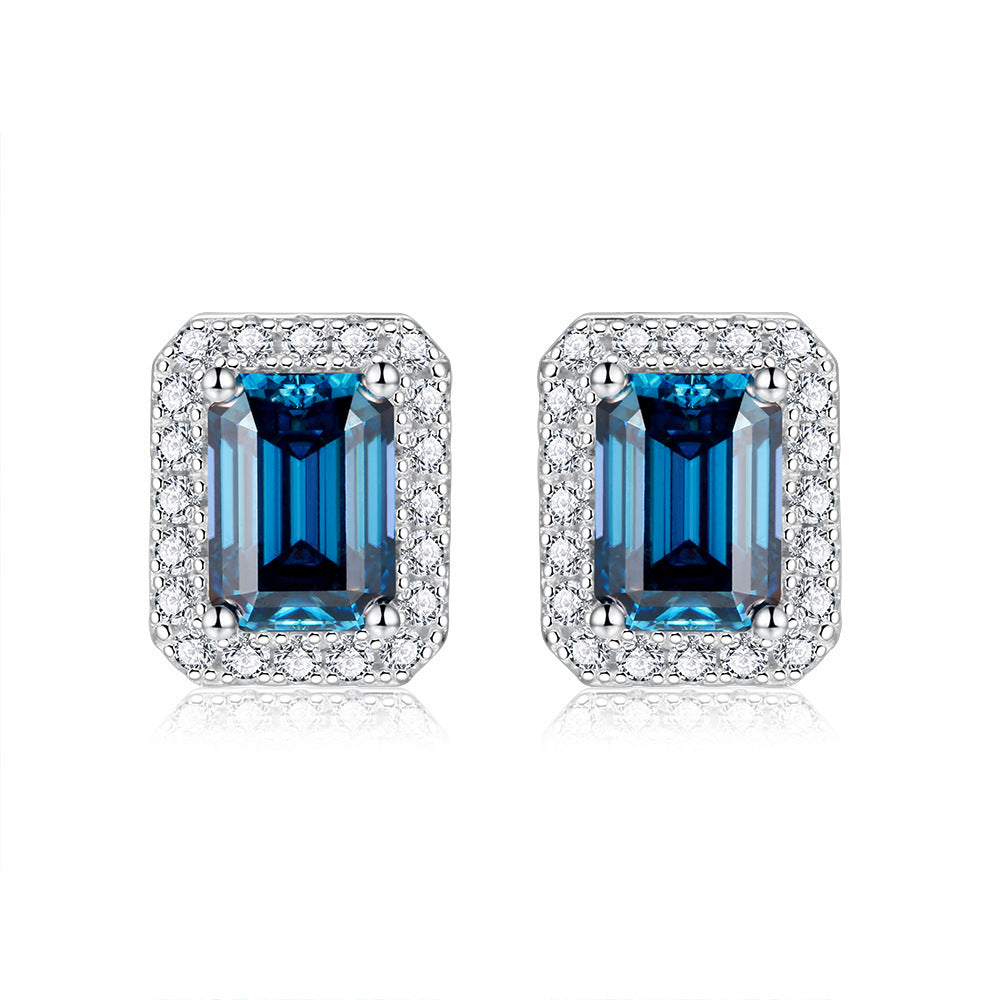 Lovcia Elegant Unisex Moissanite Emerald Cut Stud Earrings in Silver-Earrings-Dark Blue-5x7mm-Dark Blue