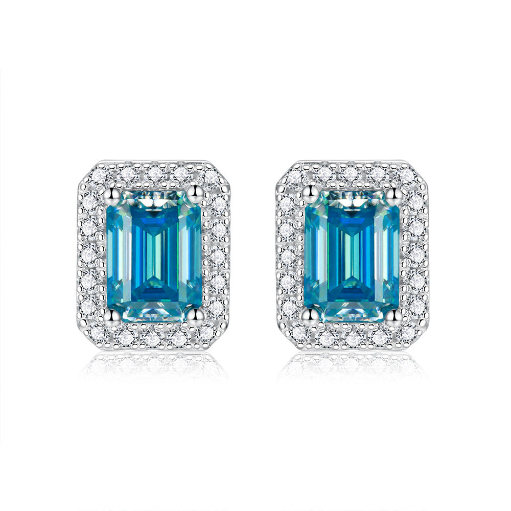 Lovcia Elegant Unisex Moissanite Emerald Cut Stud Earrings in Silver-Earrings-Ocean Blue-5x7mm-Ocean Blue