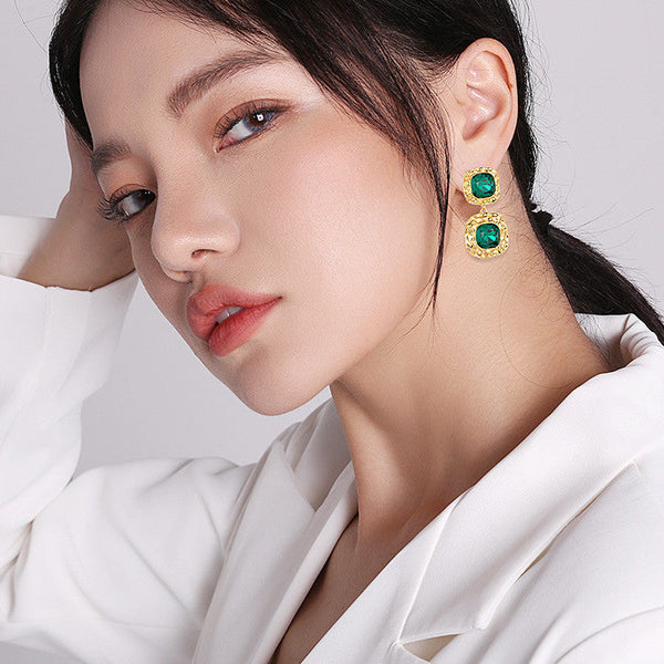 Lovcia Elegant Vintage Emerald Green Geometric Crystal Earrings for Women-Earrings-Green-Green