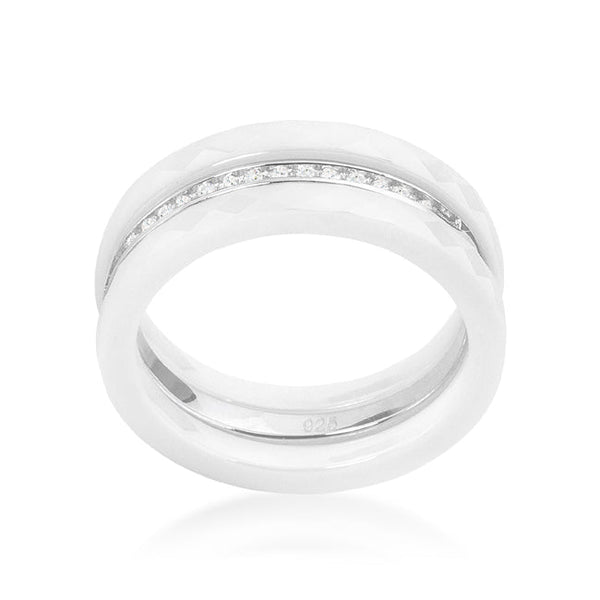 Lovcia Elegant White Ceramic Triple Band Ring with Sparkling Cubic Zirconia-Rings-5-5