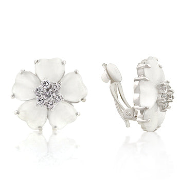 Lovcia Elegant White Floral Cat's Eye Clip-On Earrings-Earrings-