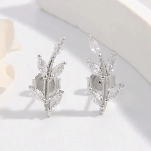 Lovcia Elegant Zircon Leaf Design Sterling Silver Earrings for Women-Earrings-Silver-One Size-Silver