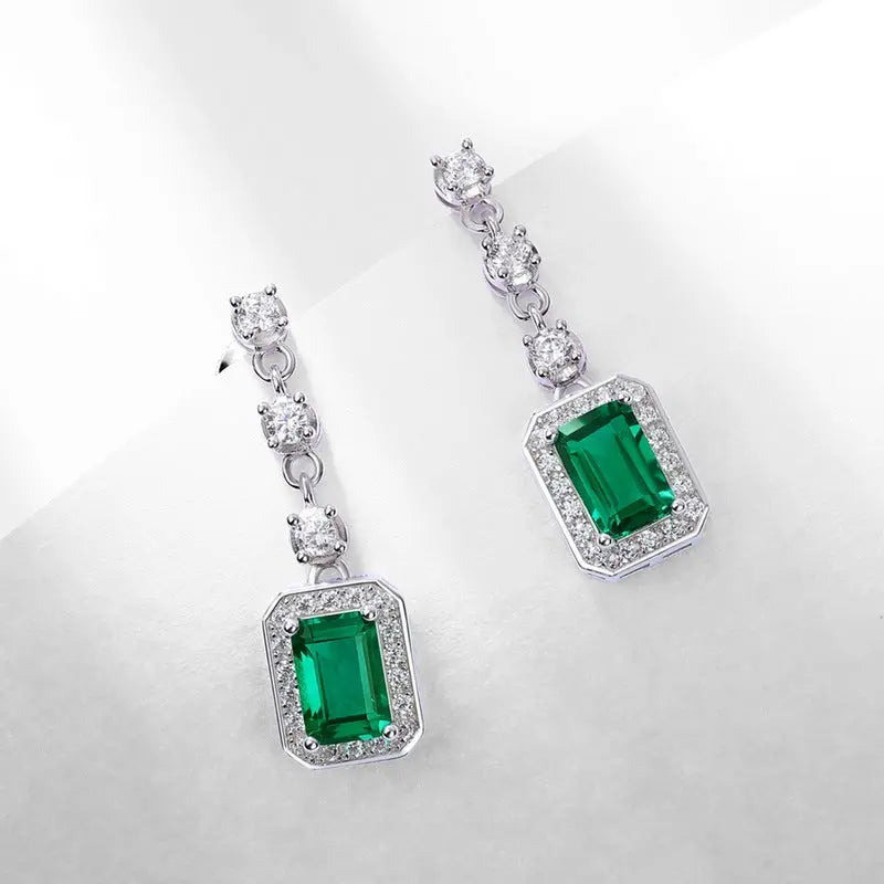 Lovcia Emerald Radiance Sterling Silver Drop Earrings for Women with Crystal Accents-Earrings-Thick Silver Platinum-925 Silver-Thick Silver Platinum