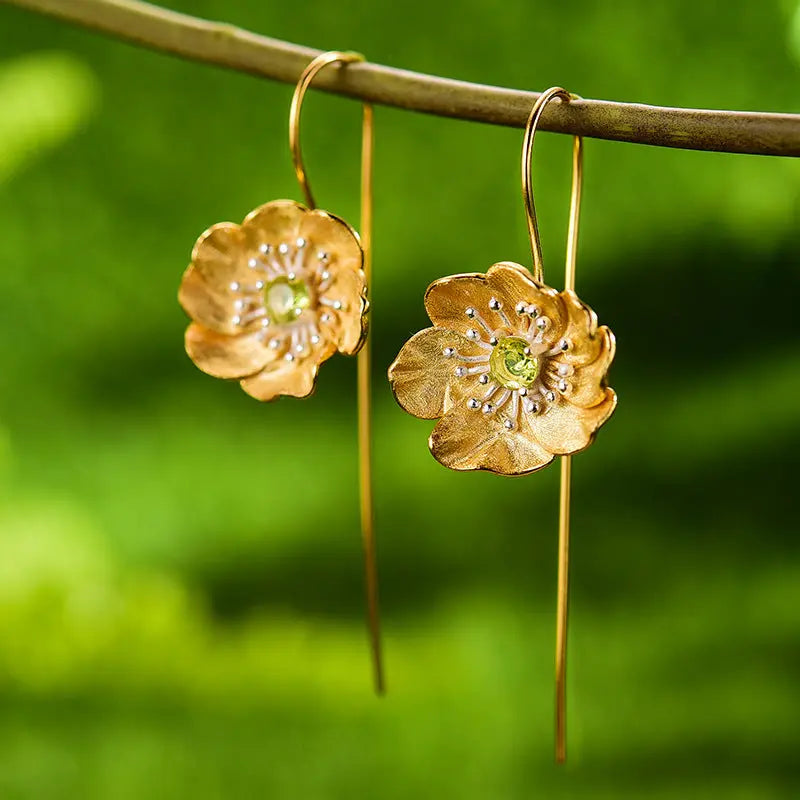 Lovcia Enchanted Flora Gemstone Sterling Silver Threader Earrings for Women-Earrings-Golden Flower With Green Stone-Golden Flower With Green Stone