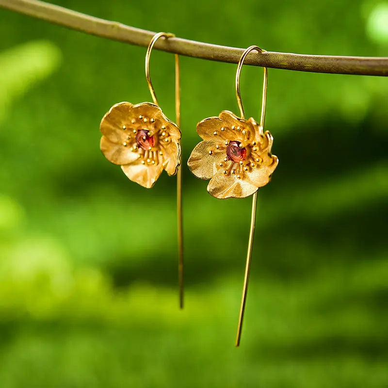 Lovcia Enchanted Flora Gemstone Sterling Silver Threader Earrings for Women-Earrings-Golden Flower With Orange Stone-Golden Flower With Orange Stone