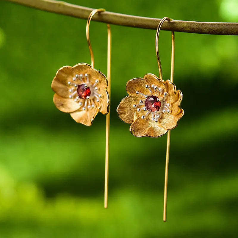 Lovcia Enchanted Flora Gemstone Sterling Silver Threader Earrings for Women-Earrings-Golden Flower With Re Stone-Golden Flower With Re Stone