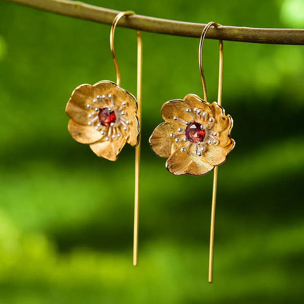 Lovcia Enchanted Flora Gemstone Sterling Silver Threader Earrings for Women-Earrings-Golden Flower With Re Stone-Golden Flower With Re Stone