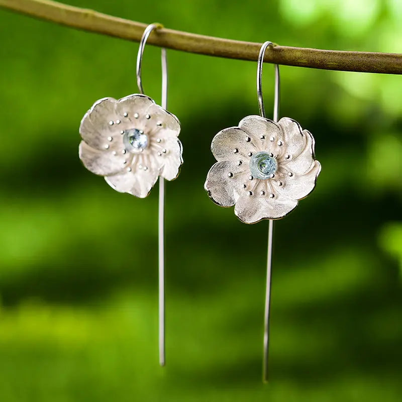 Lovcia Enchanted Flora Gemstone Sterling Silver Threader Earrings for Women-Earrings-Silver Flower With Blue Stone-Silver Flower With Blue Stone