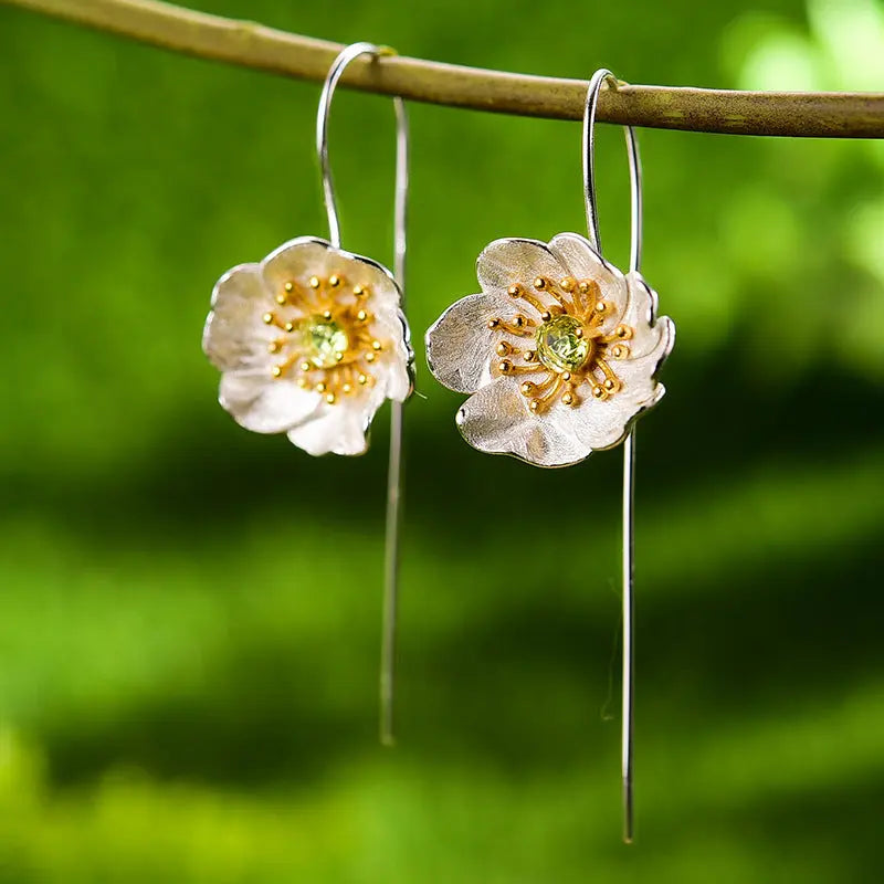 Lovcia Enchanted Flora Gemstone Sterling Silver Threader Earrings for Women-Earrings-Silver Flower With Green Stone-Silver Flower With Green Stone