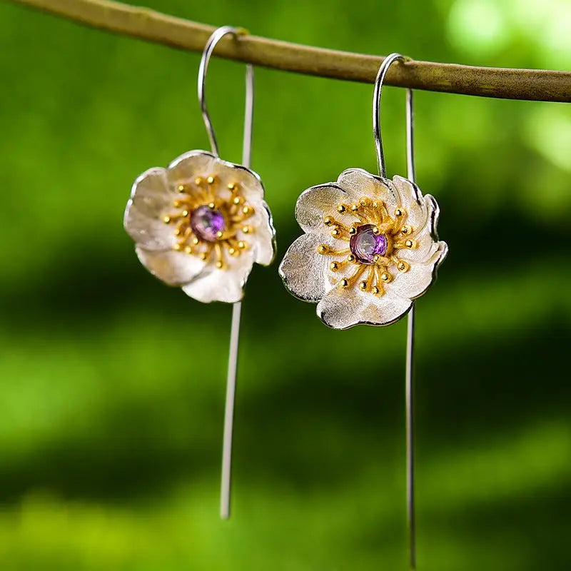Lovcia Enchanted Flora Gemstone Sterling Silver Threader Earrings for Women-Earrings-Silver Flower With Purple Stone-Silver Flower With Purple Stone