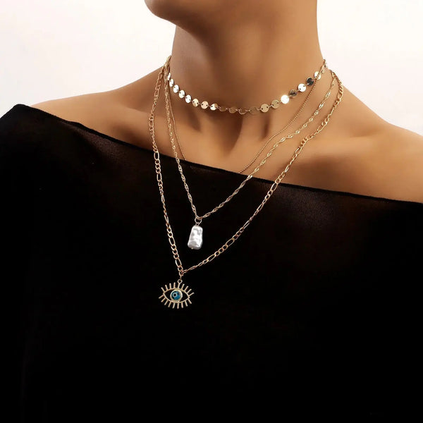 LOVCIA Enchanting Blue Eyes Multi-layer Disc Chain Necklace - Exquisite Fashion Jewelry