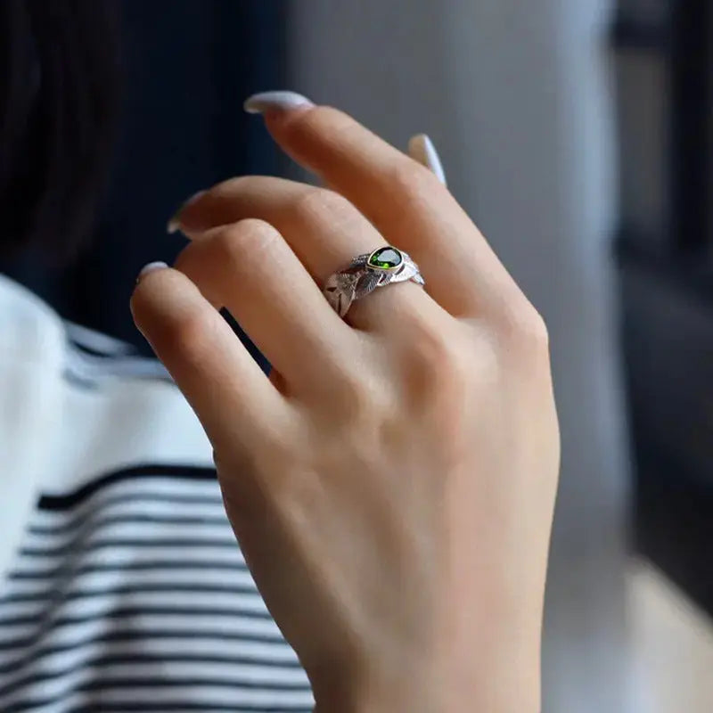 Lovcia Enchanting Feathered Opulence Ring for Women and Girls-Rings-Diopside Feather Ring-Diopside Feather Ring