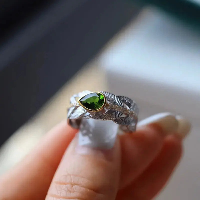 Lovcia Enchanting Feathered Opulence Ring for Women and Girls-Rings-Diopside Feather Ring-Diopside Feather Ring