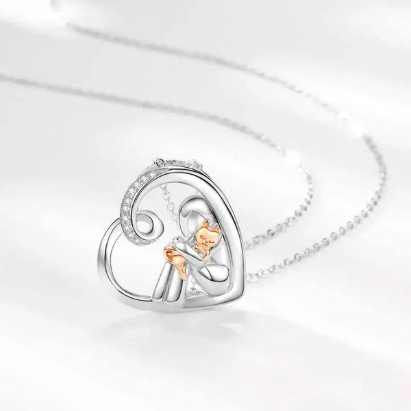 LOVCIA Enchanting Love 925 Sterling Silver Cat Pendant Necklace with Cubic Zirconia