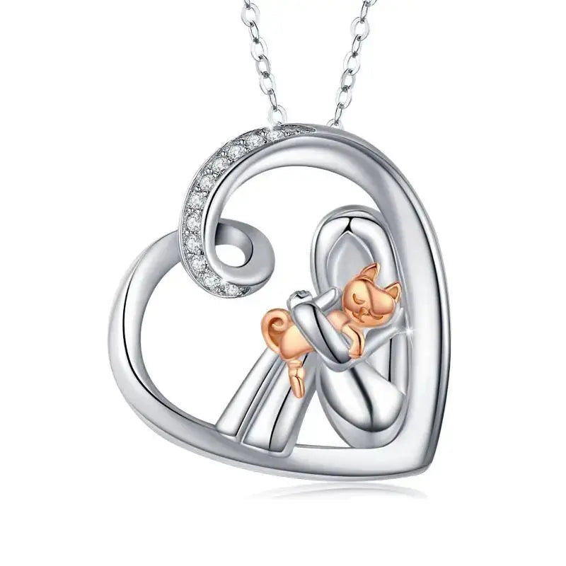 Lovcia Enchanting Love 925 Sterling Silver Cat Pendant Necklace with Cubic Zirconia-Necklaces-Silver and Rose Gold-21*21mm-Silver and Rose Gold