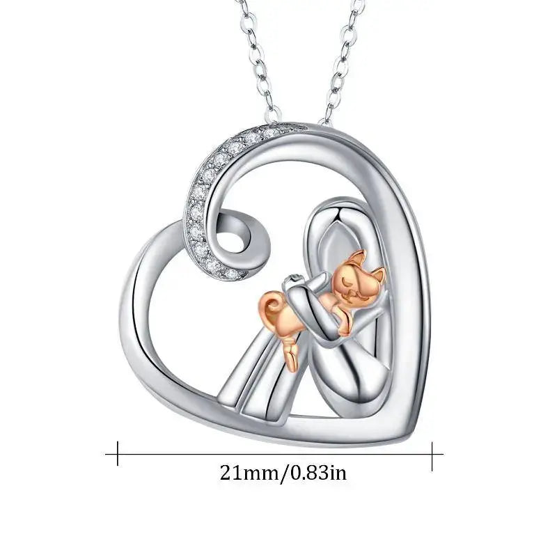 Lovcia Enchanting Love 925 Sterling Silver Cat Pendant Necklace with Cubic Zirconia-Necklaces-Silver and Rose Gold-21*21mm-Silver and Rose Gold