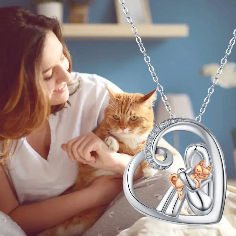 Lovcia Enchanting Love 925 Sterling Silver Cat Pendant Necklace with Cubic Zirconia-Necklaces-Silver and Rose Gold-21*21mm-Silver and Rose Gold