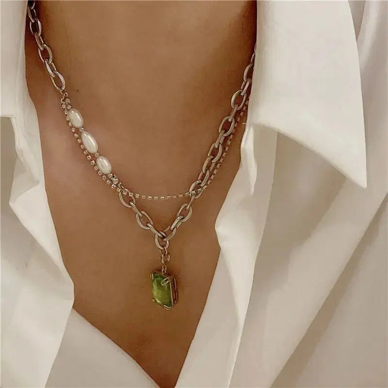 Lovcia Evergreen Elegance Stainless Steel Crystal Pendant Women's Necklace-Necklaces-Green-Green