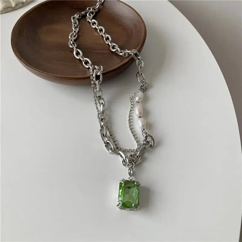 Lovcia Evergreen Elegance Stainless Steel Crystal Pendant Women's Necklace-Necklaces-Green-Green