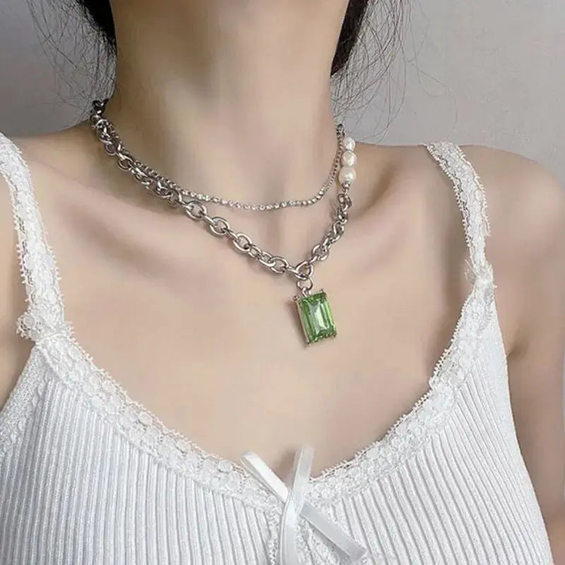 Lovcia Evergreen Elegance Stainless Steel Crystal Pendant Women's Necklace-Necklaces-Green-Green
