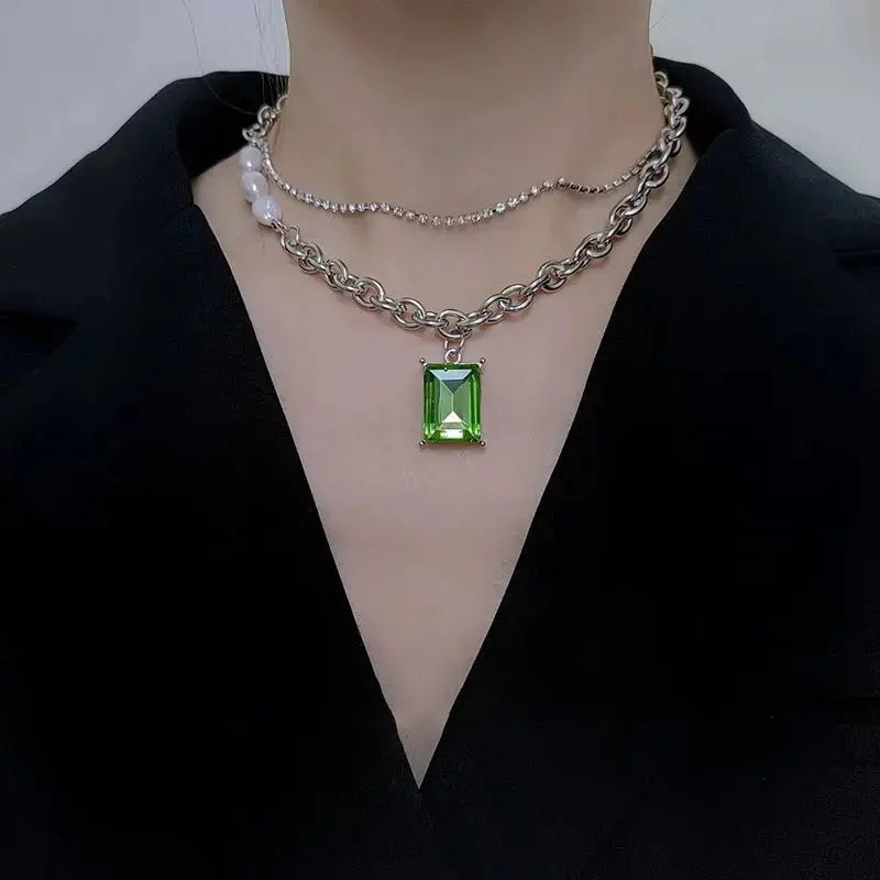 Lovcia Evergreen Elegance Stainless Steel Crystal Pendant Women's Necklace-Necklaces-Green-Green