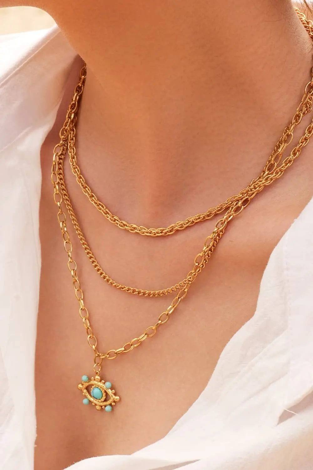 Lovcia Evil Eye Design Turquoise Pendant Necklace-Necklaces-Gold-One Size-Gold