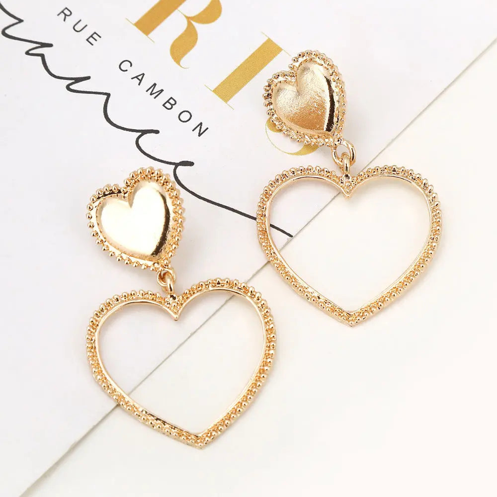 Lovcia Exaggerated Studded Hollow Heart Alloy Earrings in Gold-Earrings-Gold-Gold