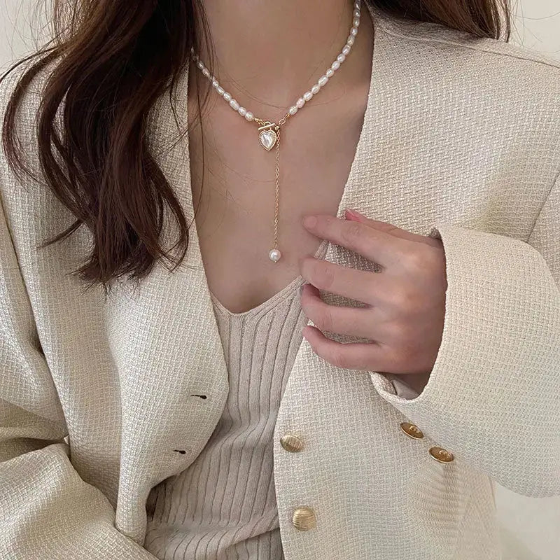 Lovcia Exquisite French Gentle Natural Pearl Heart Shell Necklace - Embrace Elegance with Every Step-Necklaces-Necklace-Necklace