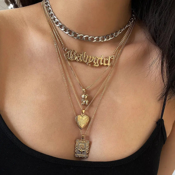 Lovcia Exquisite Multi-layer Letter Pendant Necklace Set for Women-Necklaces-Gold-Gold