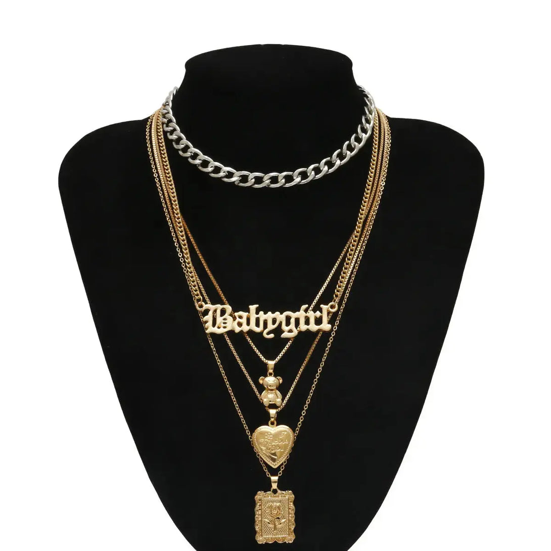 Lovcia Exquisite Multi-layer Letter Pendant Necklace Set for Women-Necklaces-Gold-Gold