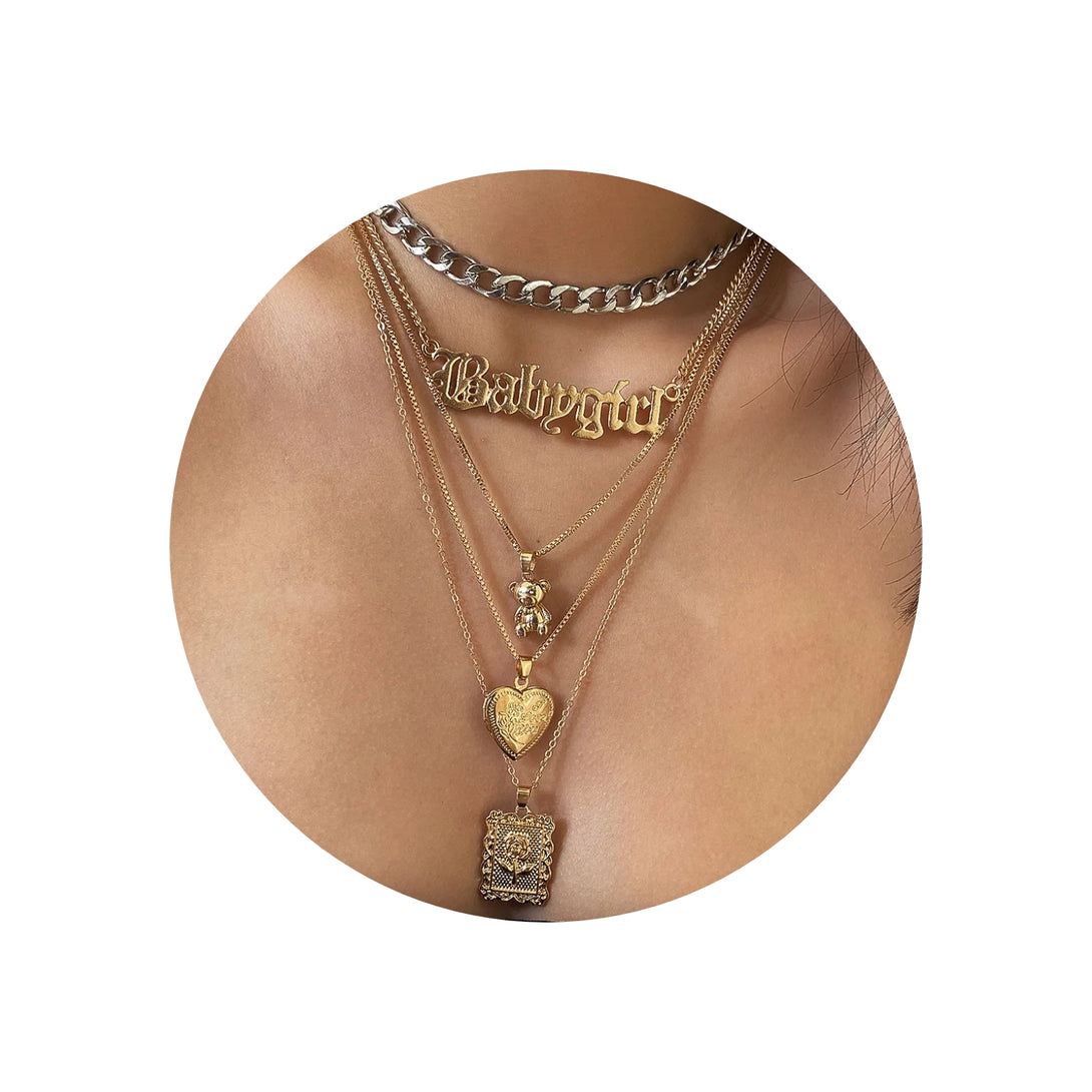 Lovcia Exquisite Multi-layer Letter Pendant Necklace Set for Women-Necklaces-Gold-Gold